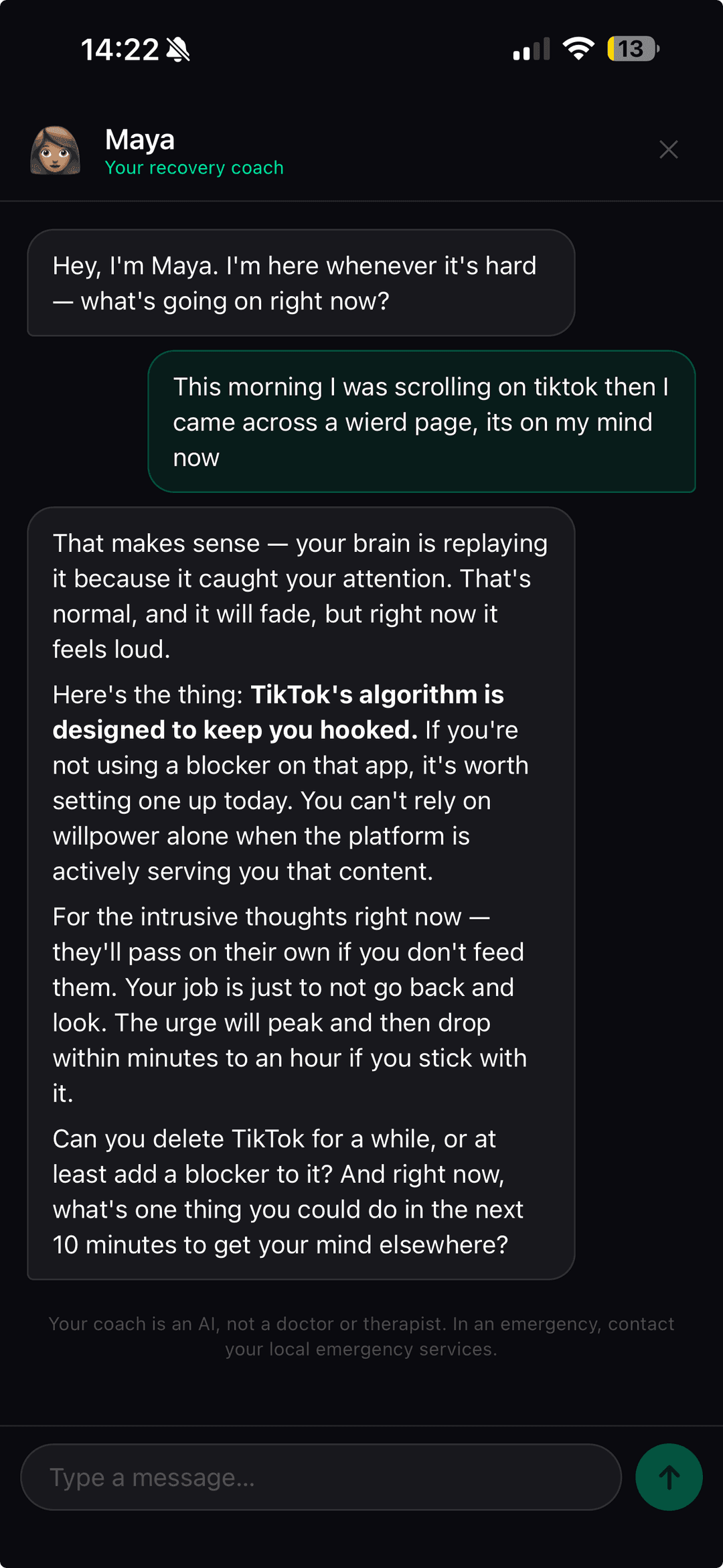 A conversation with Maya, the in-app AI coach, replying to a message about an unexpected trigger