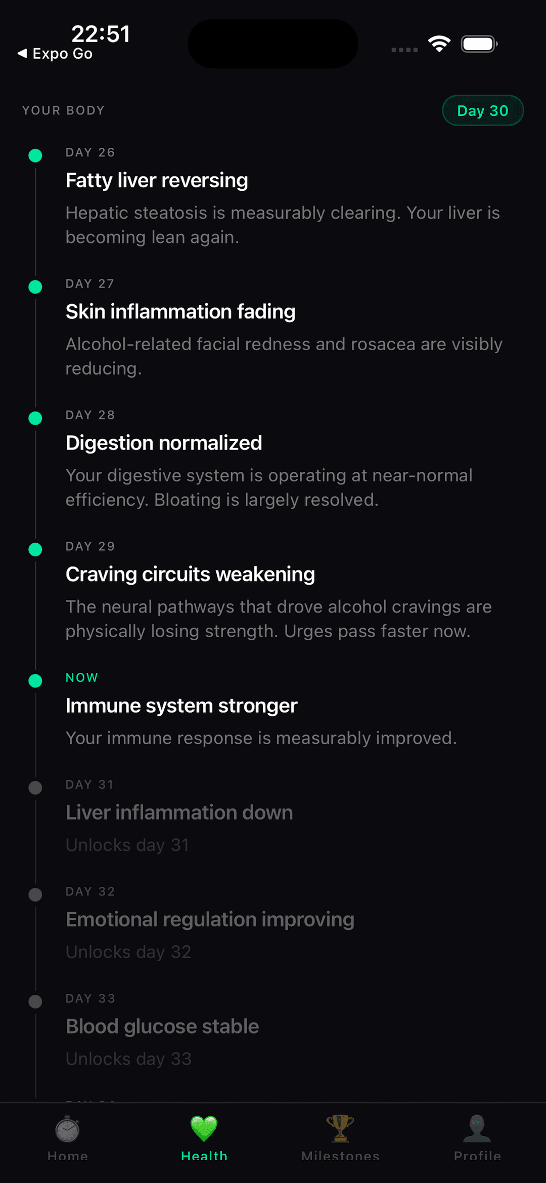 The health timeline showing recovery entries unlocking day by day
