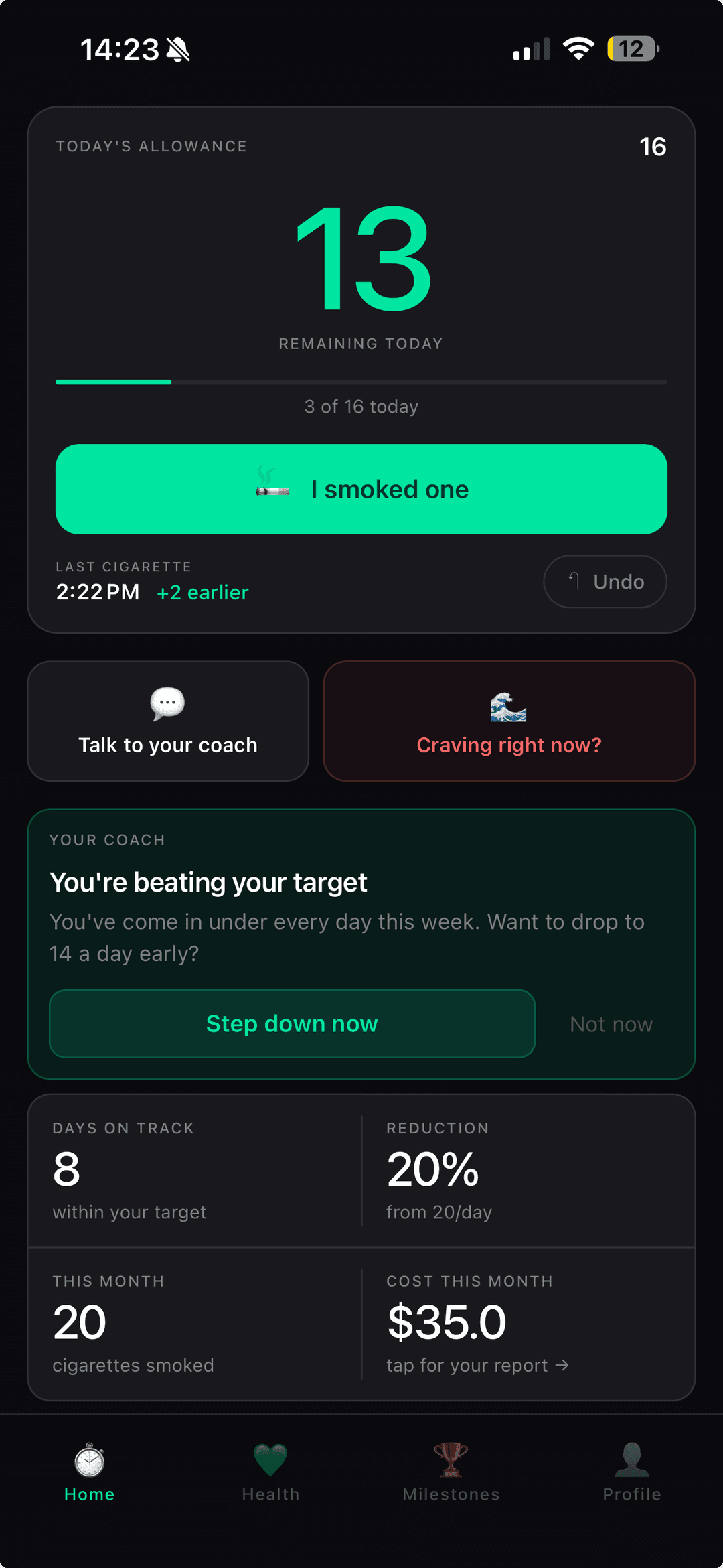 The Unhooked home screen for the smoking module, showing today's allowance and a log button