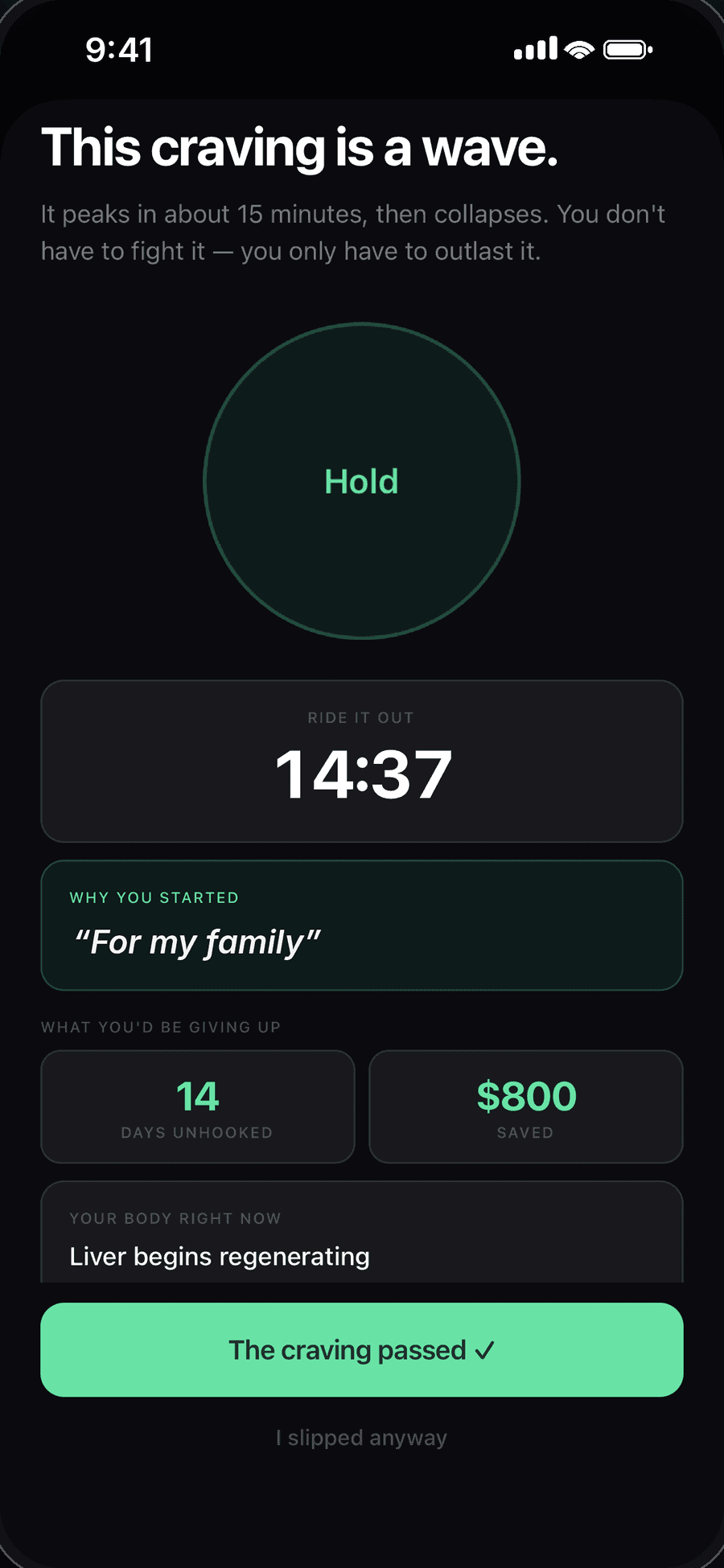 Unhooked Craving Mode: a hold-to-breathe circle, a countdown timer, the reason you're quitting and the days and money you'd be giving up