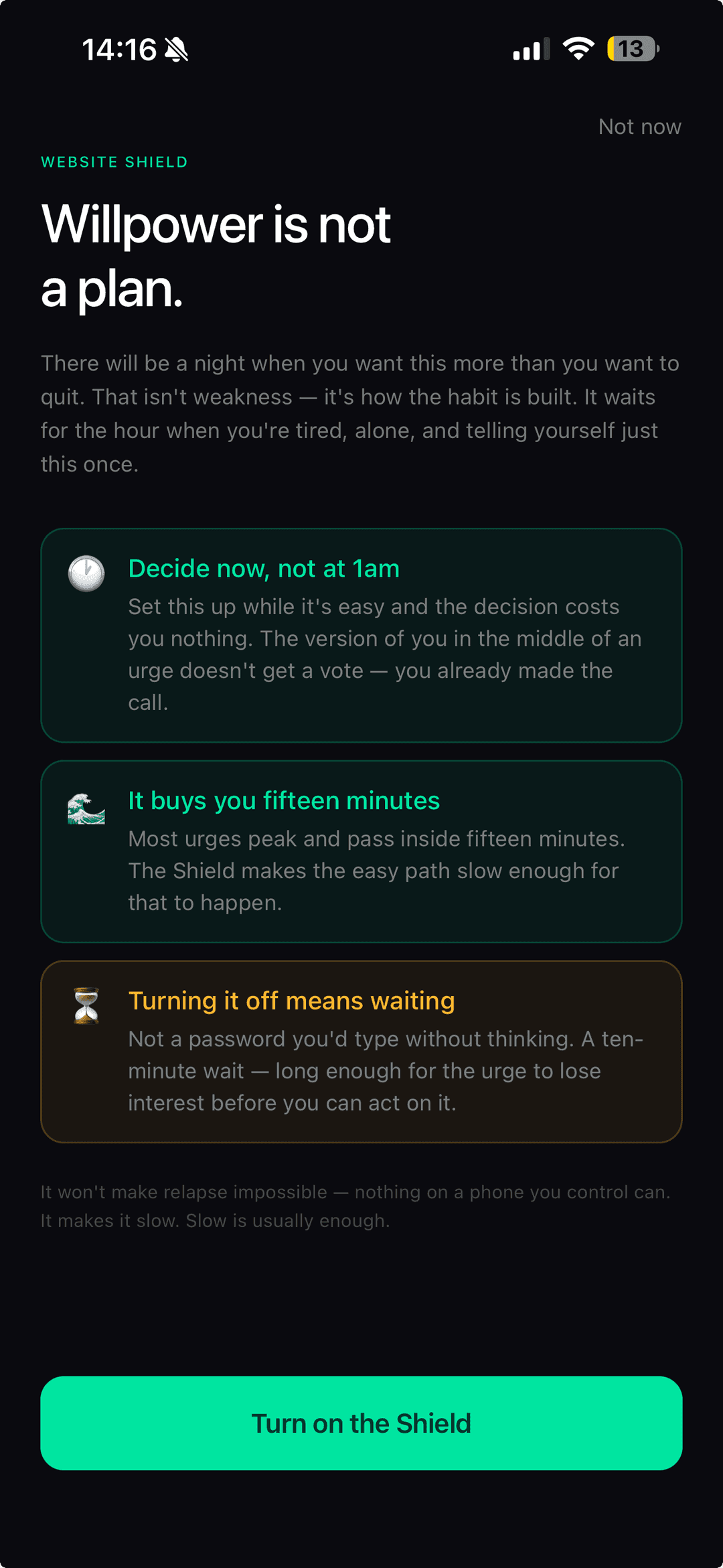The Website Shield setup screen explaining how blocking buys you time when an urge hits